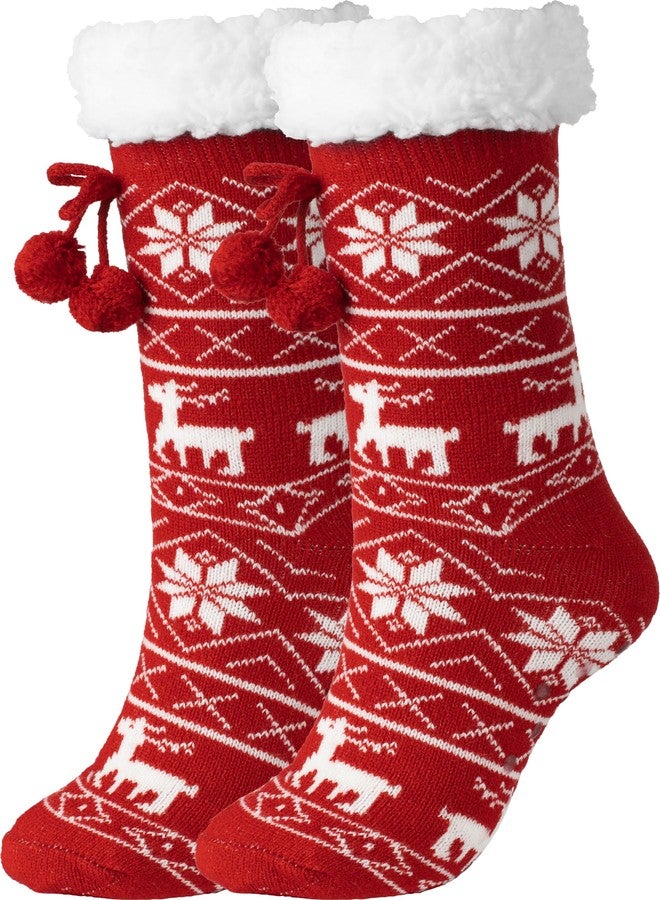 BenSorts Womens Slipper Socks Warm Lining Soft Cozy Fuzzy Winter Thick Stocking Stuffer Christmas House Socks with Non-Slip Grippers for ladies Gifts Christmas Red - Image 1